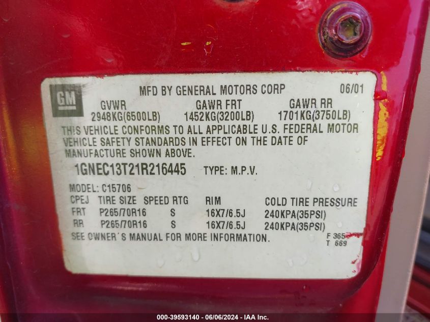 2001 Chevrolet Tahoe Ls VIN: 1GNEC13T21R216445 Lot: 39593140