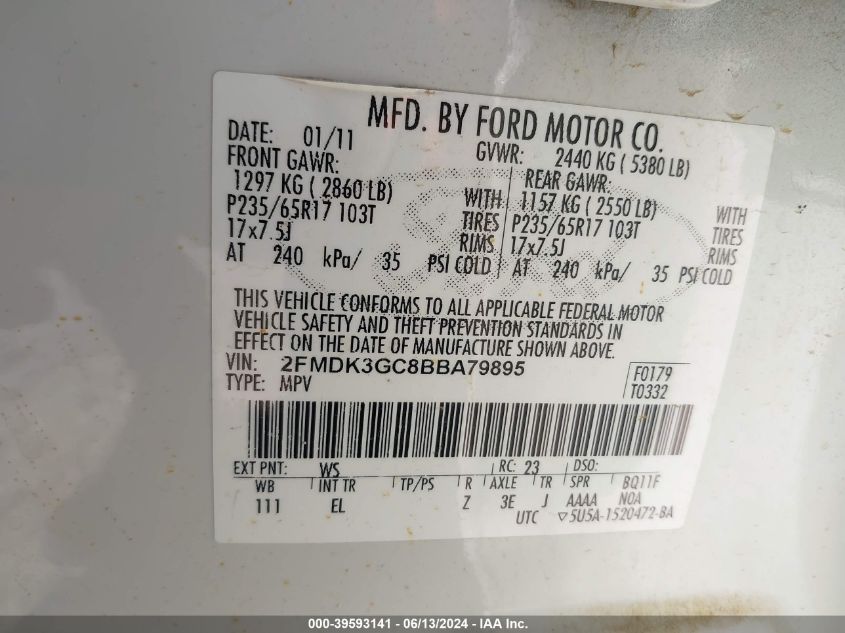 2011 Ford Edge Se VIN: 2FMDK3GC8BBA79895 Lot: 39593141