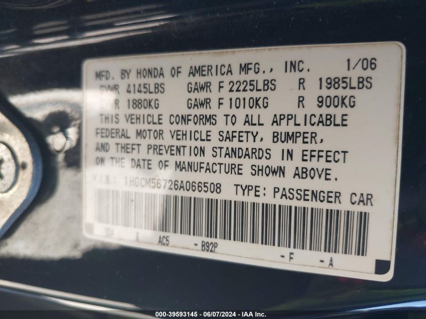 1HGCM56726A066508 2006 Honda Accord 2.4 Ex