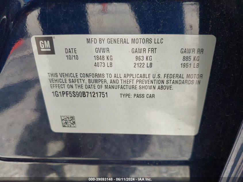 2011 Chevrolet Cruze 1Lt VIN: 1G1PF5S90B7121751 Lot: 39593148