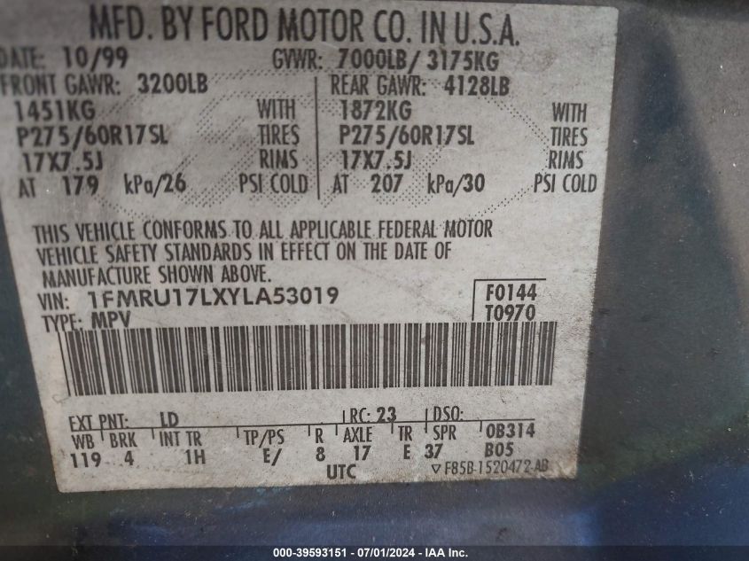 2000 Ford Expedition Eddie Bauer VIN: 1FMRU17LXYLA53019 Lot: 39593151