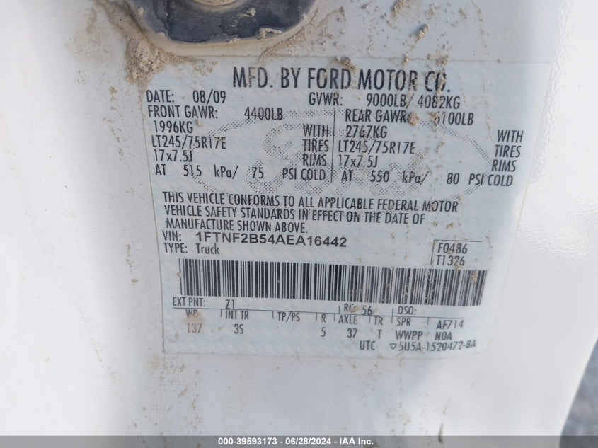 2010 Ford F-250 Xl/Xlt VIN: 1FTNF2B54AEA16442 Lot: 39593173
