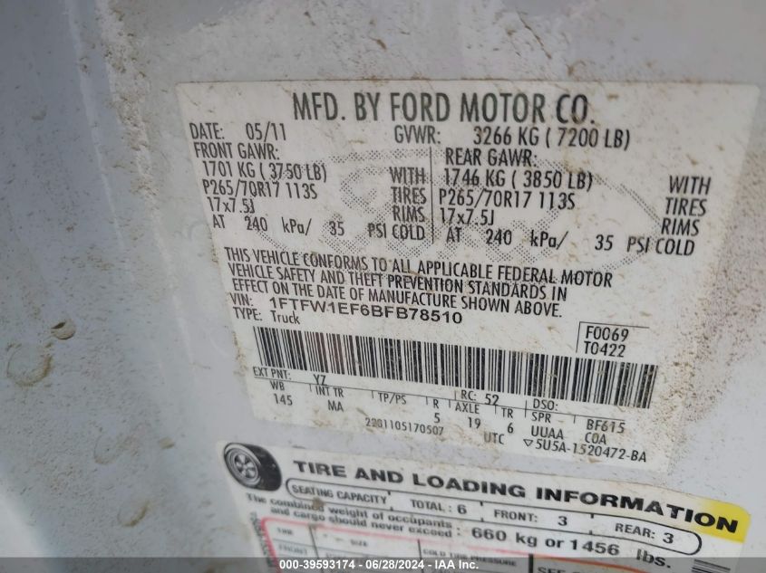 2011 Ford F-150 Xlt VIN: 1FTFW1EF6BFB78510 Lot: 39593174