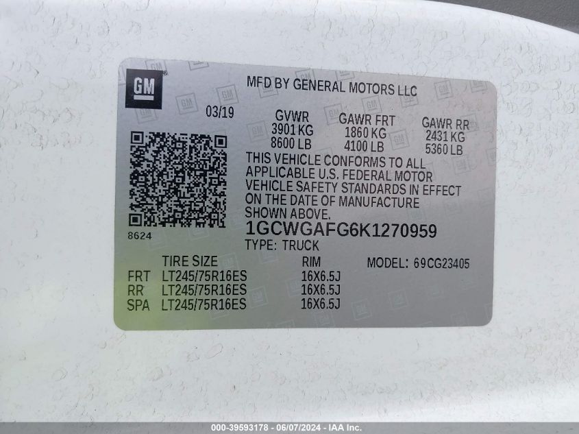 2019 CHEVROLET EXPRESS 2500 WORK VAN - 1GCWGAFG6K1270959