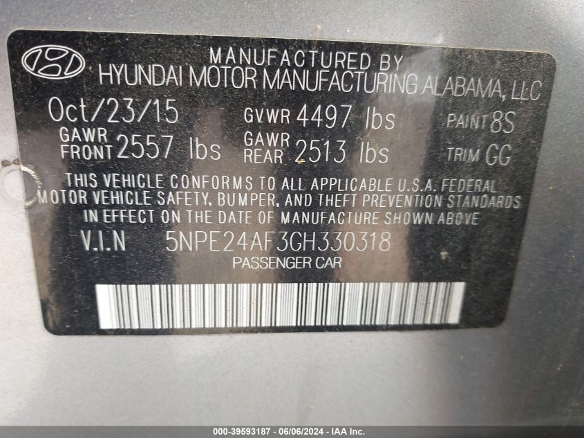 2016 Hyundai Sonata Se VIN: 5NPE24AF3GH330318 Lot: 39593187