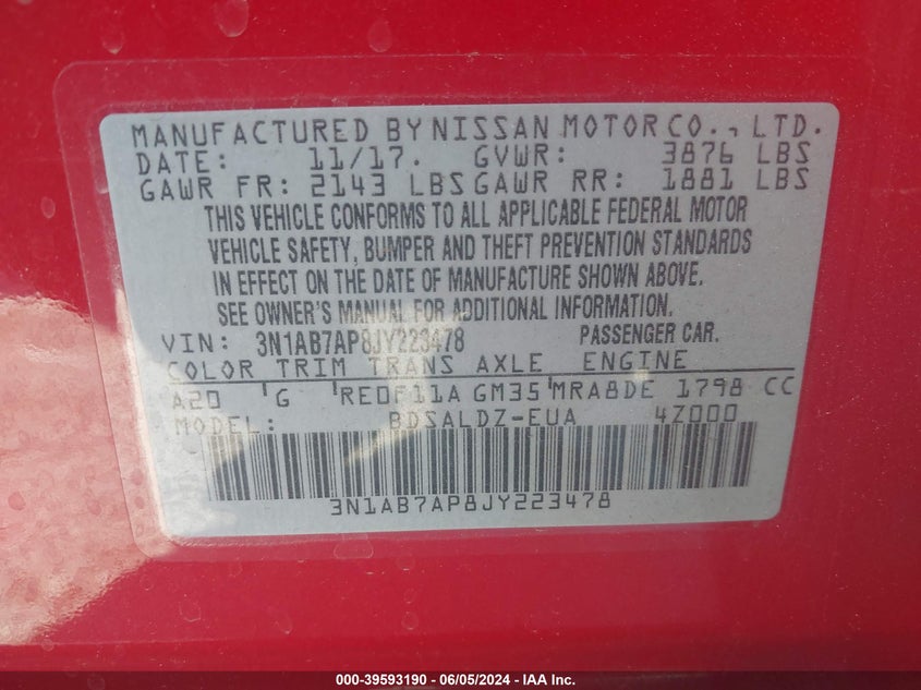 2018 Nissan Sentra Sv VIN: 3N1AB7AP8JY223478 Lot: 39593190