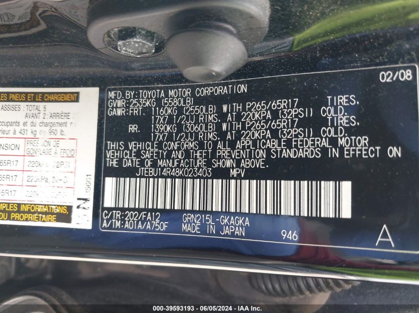 2008 Toyota 4Runner Sr5 V6 VIN: JTEBU14R48K023403 Lot: 39593193