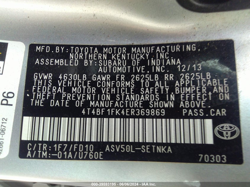 2014 Toyota Camry Le VIN: 4T4BF1FK4ER369869 Lot: 39593195