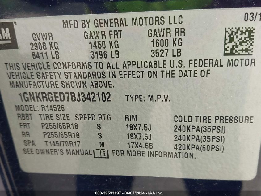 2011 Chevrolet Traverse 1Lt VIN: 1GNKRGED7BJ342102 Lot: 39593197