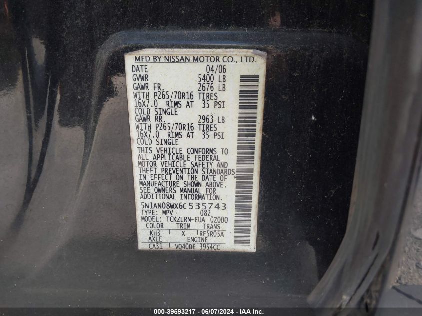 2006 Nissan Xterra S VIN: 5N1AN08WX6C535743 Lot: 39593217