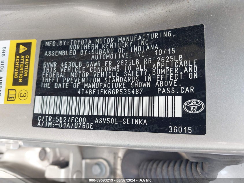 2016 Toyota Camry Le VIN: 4T4BF1FK6GR535487 Lot: 39593219