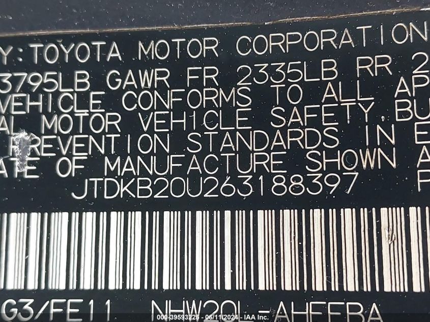 2006 Toyota Prius VIN: JTDKB20U263188397 Lot: 39593225