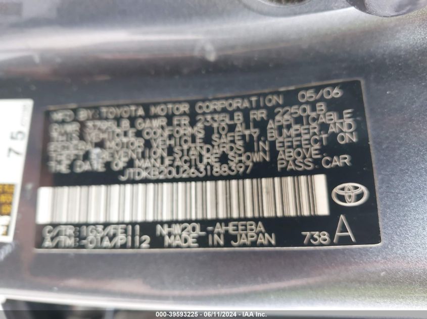 2006 Toyota Prius VIN: JTDKB20U263188397 Lot: 39593225