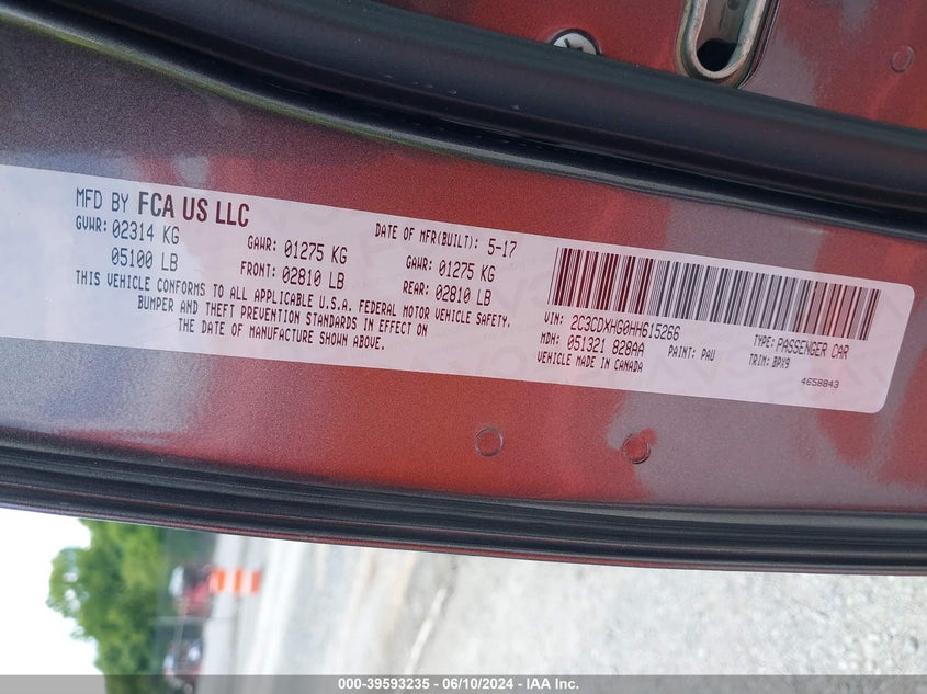 2017 Dodge Charger Sxt Rwd VIN: 2C3CDXHG0HH615266 Lot: 39593235