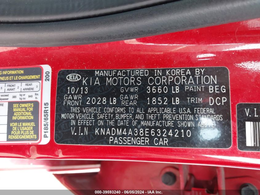 2014 Kia Rio Lx VIN: KNADM4A38E6324210 Lot: 39593240