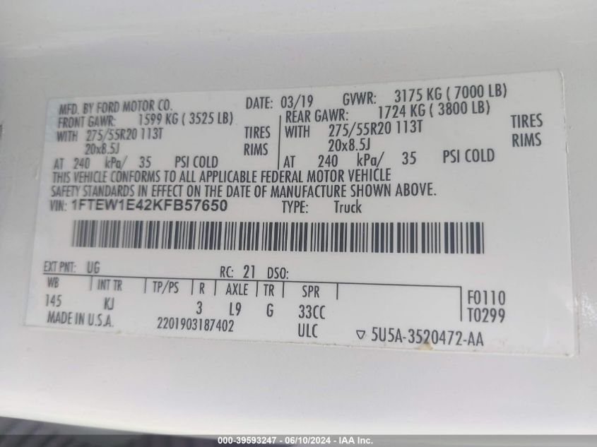 2019 Ford F-150 King Ranch VIN: 1FTEW1E42KFB57650 Lot: 39593247