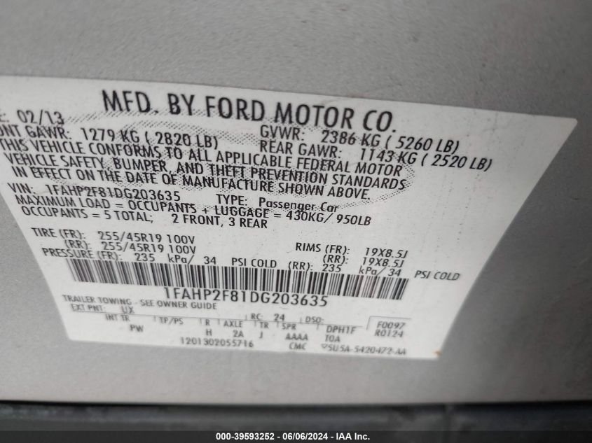 2013 Ford Taurus Limited VIN: 1FAHP2F81DG203635 Lot: 39593252
