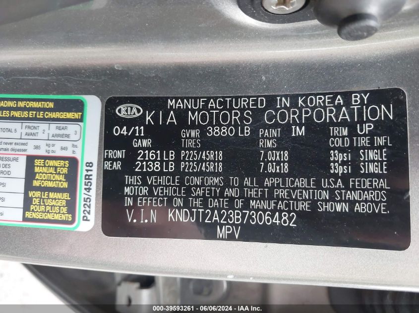 2011 Kia Soul ! VIN: KNDJT2A23B7306482 Lot: 39593261