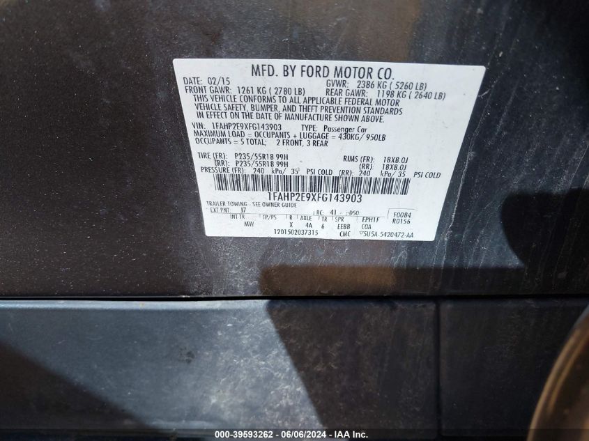 2015 Ford Taurus Sel VIN: 1FAHP2E9XFG143903 Lot: 39593262