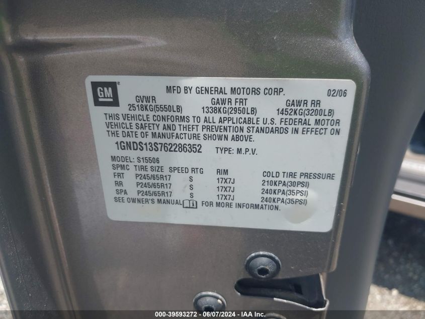 2006 Chevrolet Trailblazer Lt VIN: 1GNDS13S762286352 Lot: 39593272