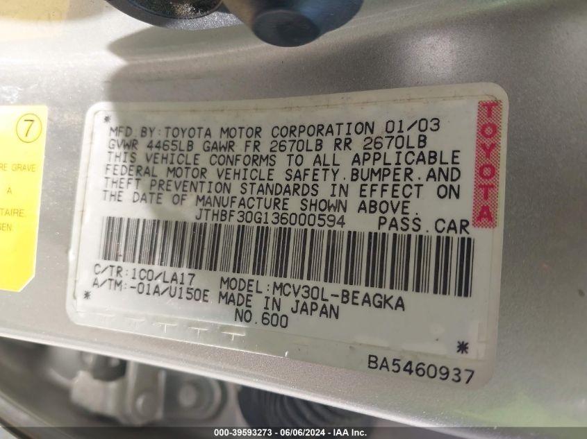 2003 Lexus Es 300 Base (A5) VIN: JTHBF30G136000594 Lot: 39593273