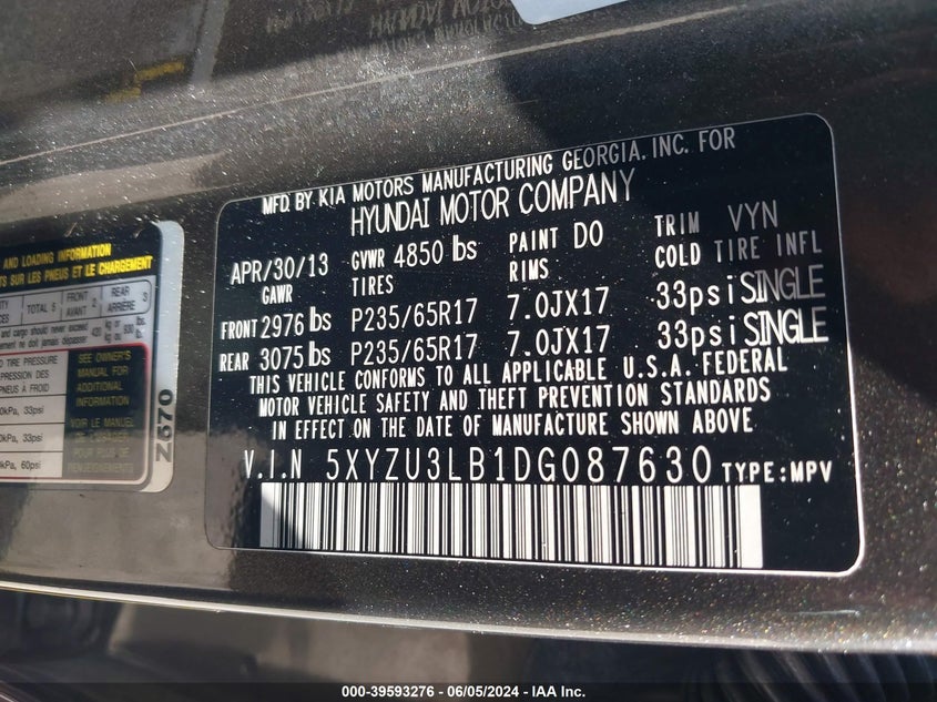 2013 Hyundai Santa Fe Sport VIN: 5XYZU3LB1DG087630 Lot: 39593276