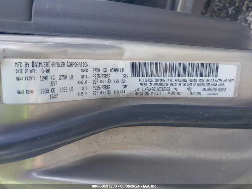 2001 Jeep Grand Cherokee Laredo VIN: 1J4GW48S11C512385 Lot: 39593280