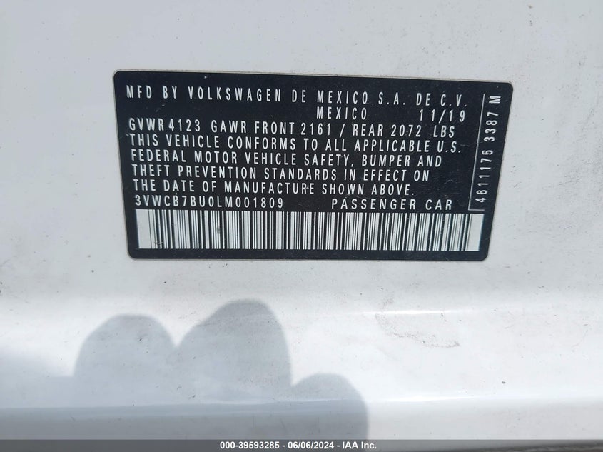 2020 Volkswagen Jetta 1.4T R-Line/1.4T S/1.4T Se VIN: 3VWCB7BU0LM001809 Lot: 39593285