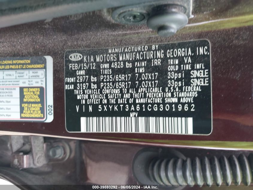 2012 Kia Sorento Lx VIN: 5XYKT3A61CG301962 Lot: 39593292