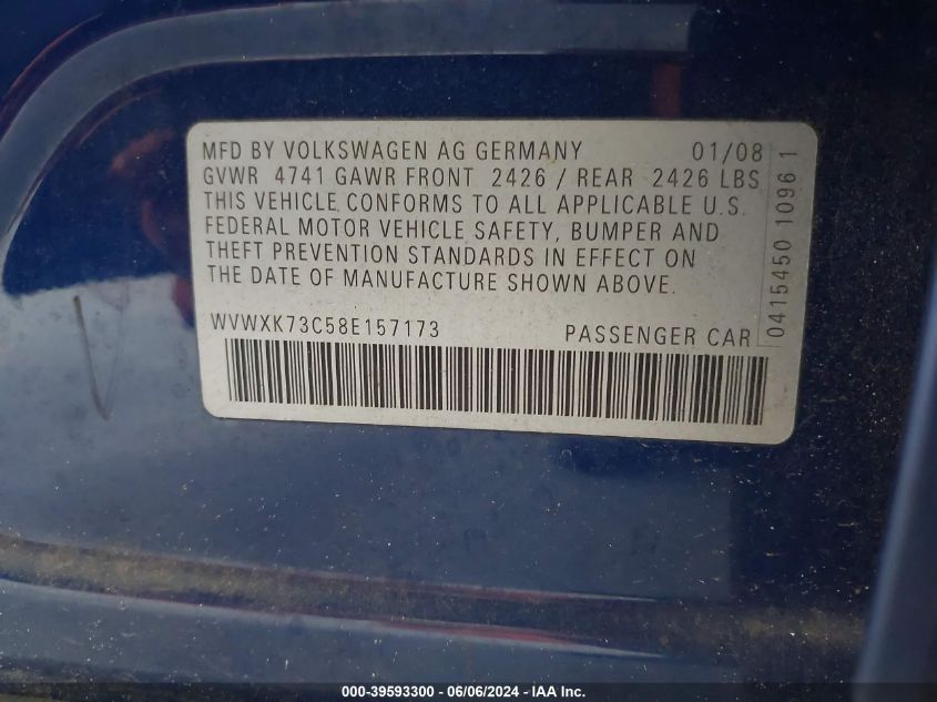 2008 Volkswagen Passat Turbo VIN: WVWXK73C58E157173 Lot: 39593300