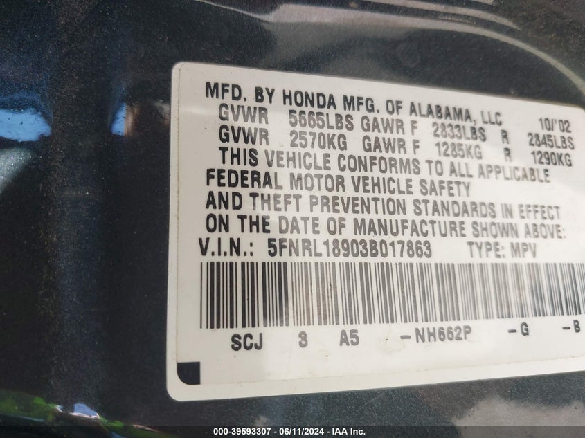 2003 Honda Odyssey Ex-L VIN: 5FNRL18903B017863 Lot: 39593307