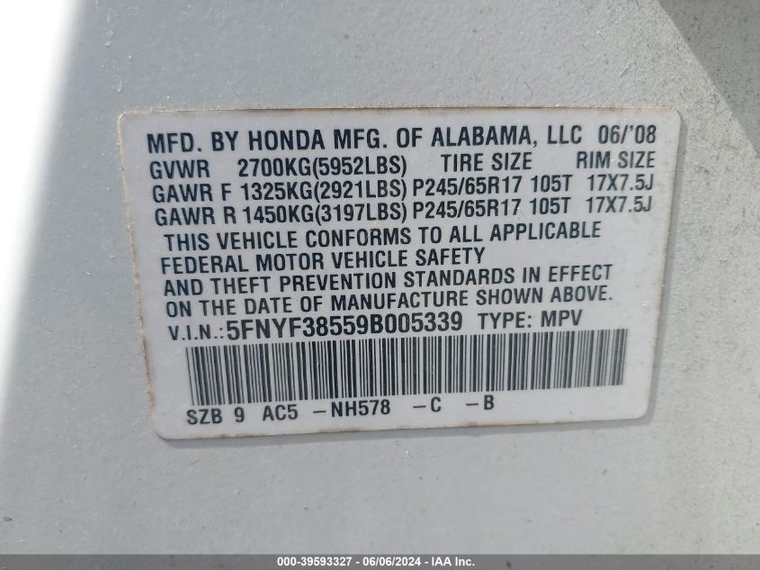 2009 Honda Pilot Ex-L VIN: 5FNYF38559B005339 Lot: 39593327