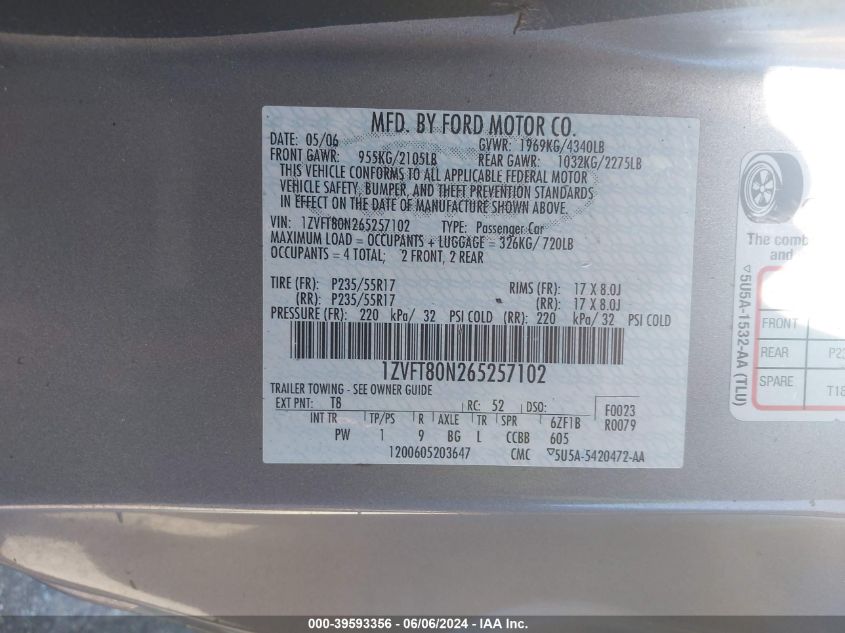 2006 Ford Mustang V6 VIN: 1ZVFT80N265257102 Lot: 39593356