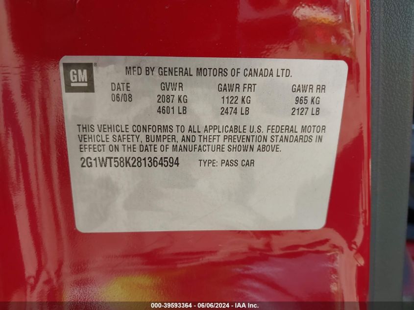 2008 Chevrolet Impala Lt VIN: 2G1WT58K281364594 Lot: 39593364