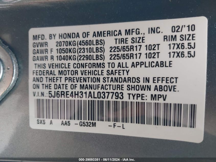 2010 Honda Cr-V Lx VIN: 5J6RE4H31AL037793 Lot: 39593381