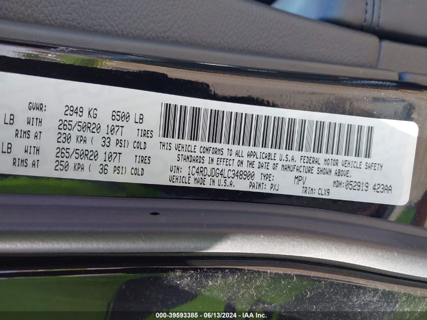 2020 Dodge Durango Gt Plus Awd VIN: 1C4RDJDG4LC348900 Lot: 39593385