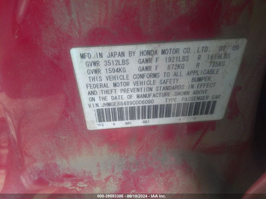 2009 Honda Fit Sport VIN: JHMGE88489C006080 Lot: 39593386