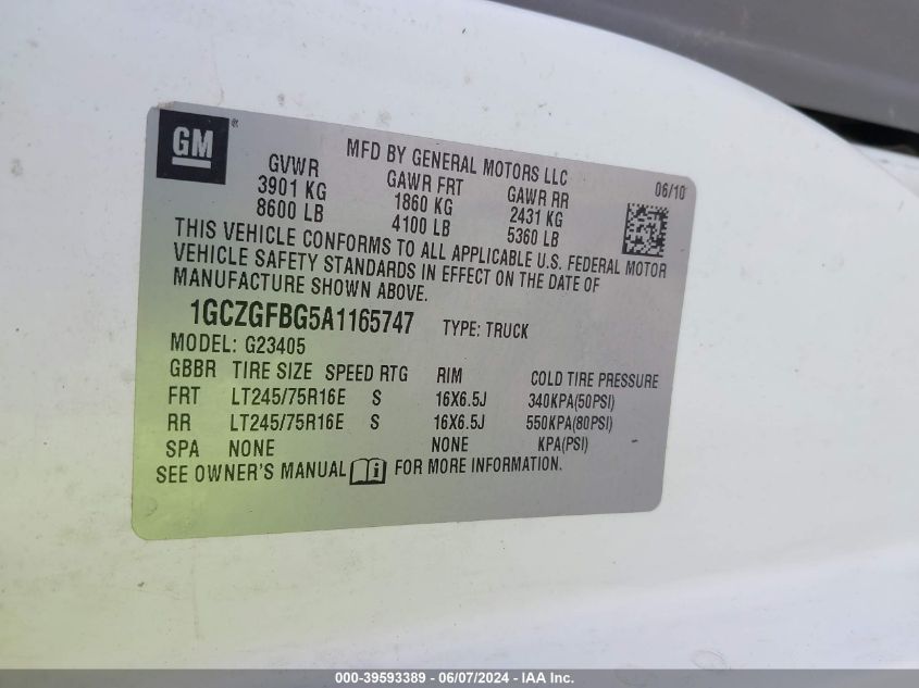 2010 Chevrolet Express 2500 Work Van VIN: 1GCZGFBG5A1165747 Lot: 39593389