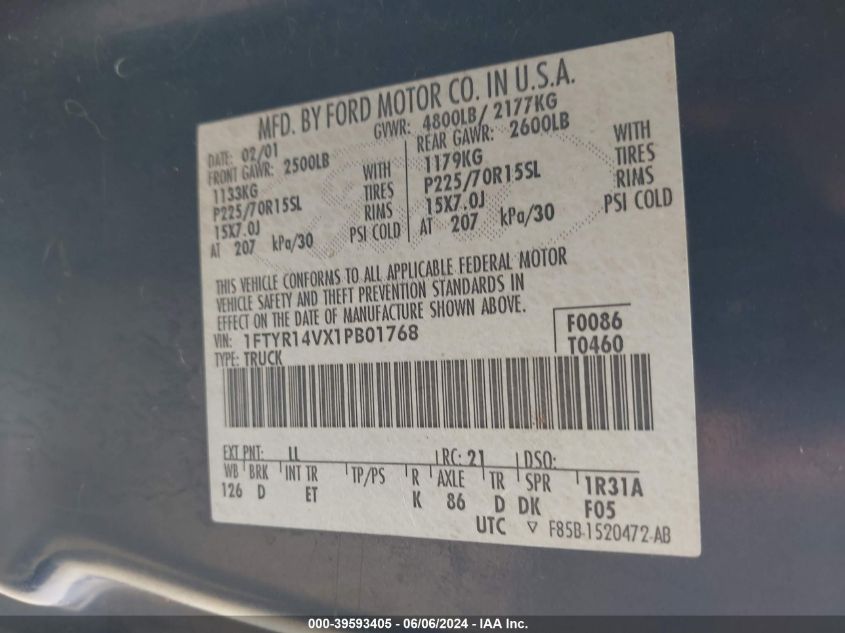 2001 Ford Ranger Edge/Xl/Xlt VIN: 1FTYR14VX1PB01768 Lot: 39593405