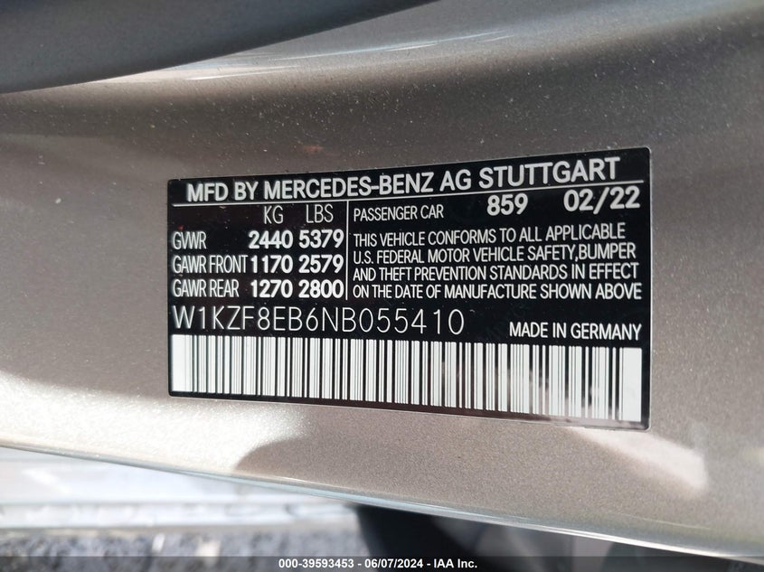 VIN W1KZF8EB6NB055410 2022 MERCEDES-BENZ E 350 4MATIC