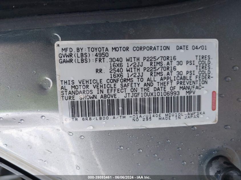 2001 Lexus Rx 300 VIN: JTJGF10UX10106993 Lot: 39593461