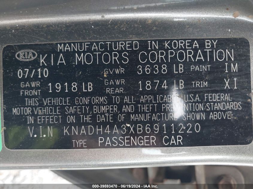2011 Kia Rio Lx VIN: KNADH4A3XB6911220 Lot: 39593470