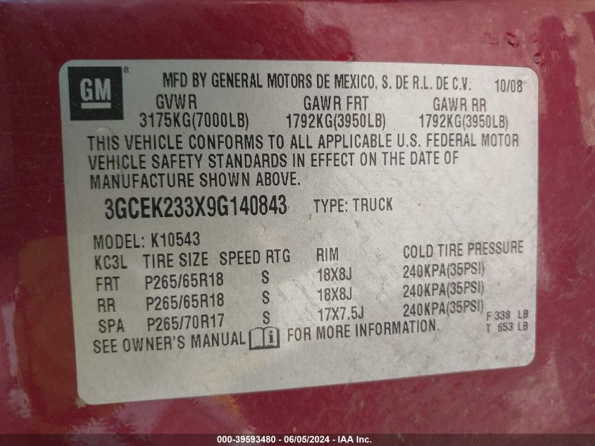 2009 Chevrolet Silverado 1500 Lt VIN: 3GCEK233X9G140843 Lot: 39593480