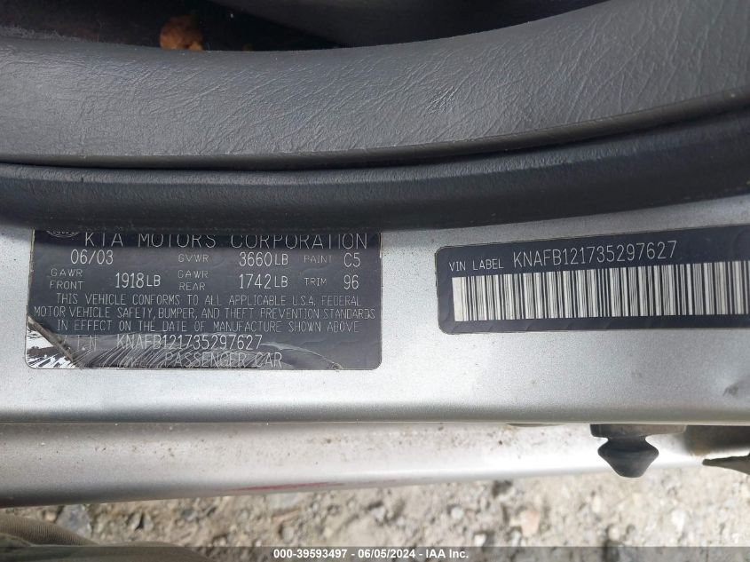 2003 Kia Spectra Ls VIN: KNAFB121735297627 Lot: 39593497