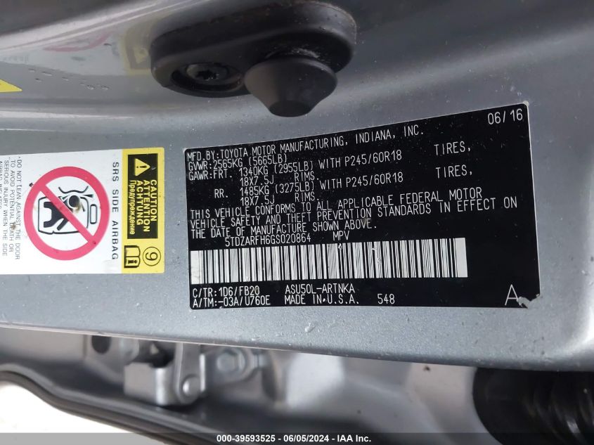 2016 Toyota Highlander Le VIN: 5TDZARFH6GS020864 Lot: 39593525