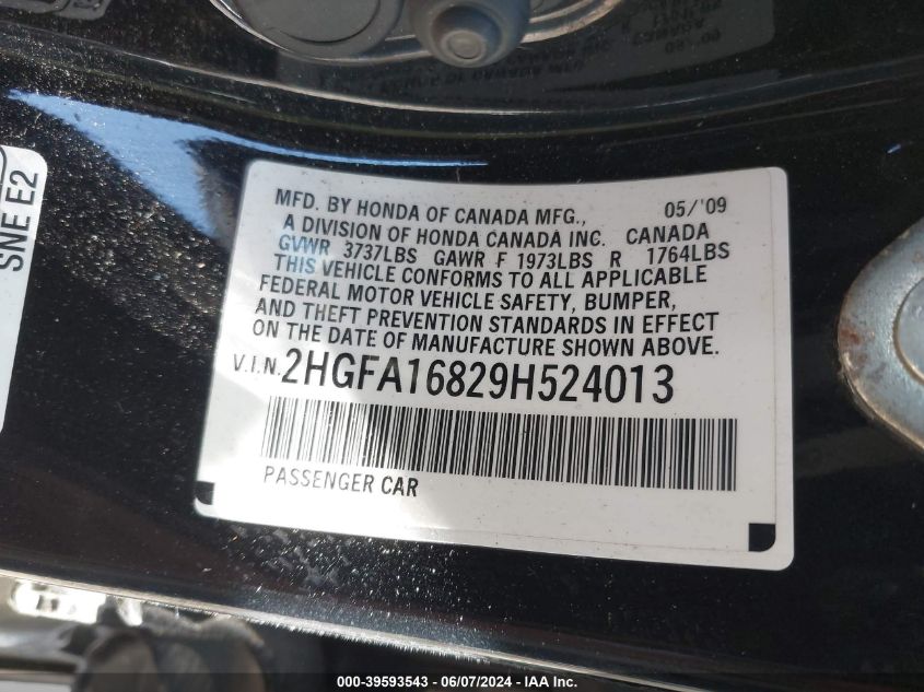 2009 Honda Civic Ex VIN: 2HGFA16829H524013 Lot: 39593543
