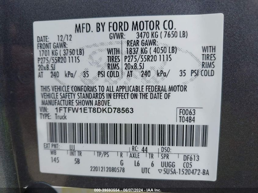 2013 Ford F-150 Fx4 VIN: 1FTFW1ET8DKD78563 Lot: 39593554