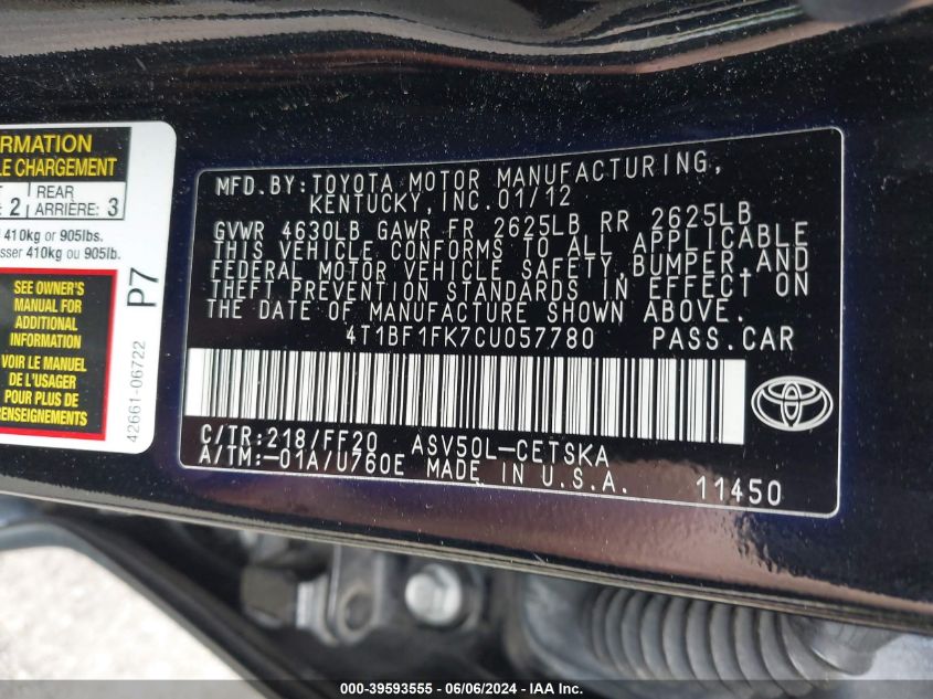 2012 Toyota Camry Se VIN: 4T1BF1FK7CU057780 Lot: 39593555