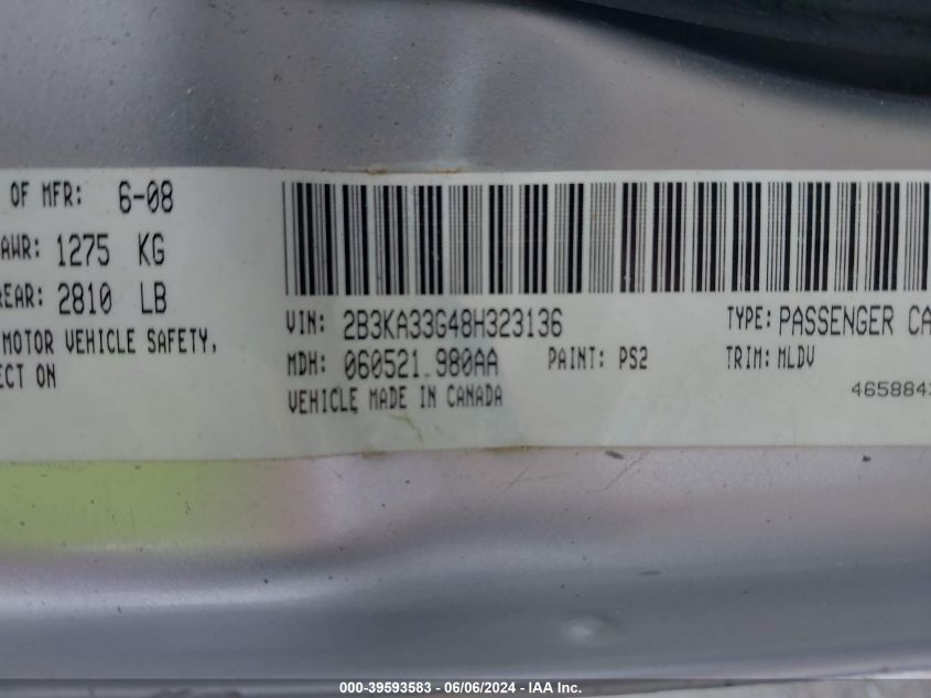 2008 Dodge Charger Sxt VIN: 2B3KA33G48H323136 Lot: 39593583