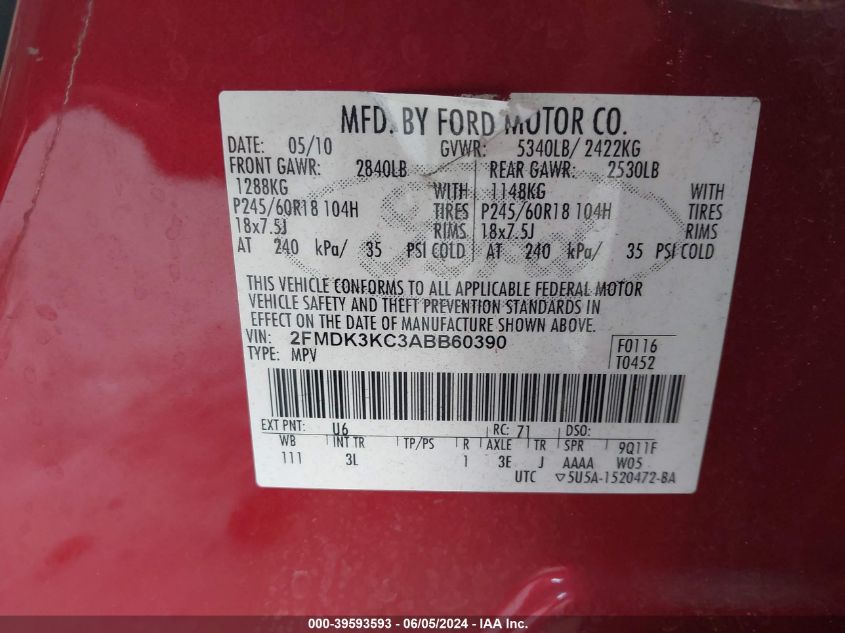 2010 Ford Edge Limited VIN: 2FMDK3KC3ABB60390 Lot: 39593593